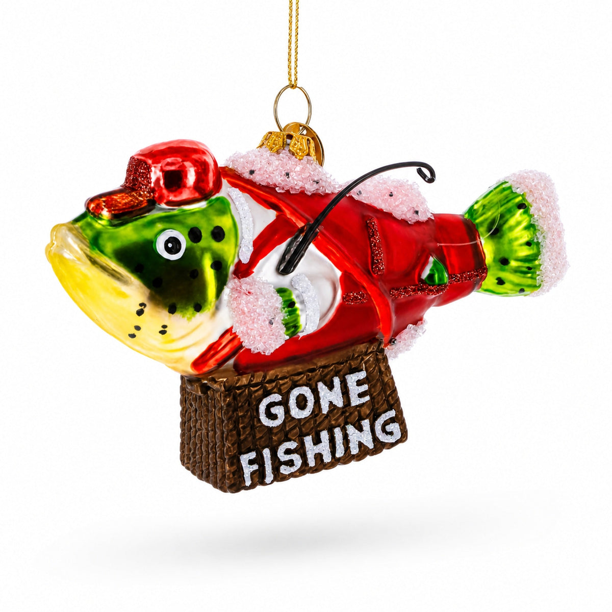 Fish in Hat Gone Fishing Glass Christmas Ornament