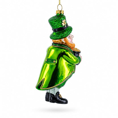 Leprechaun with Pot of Gold Glass Christmas Ornament