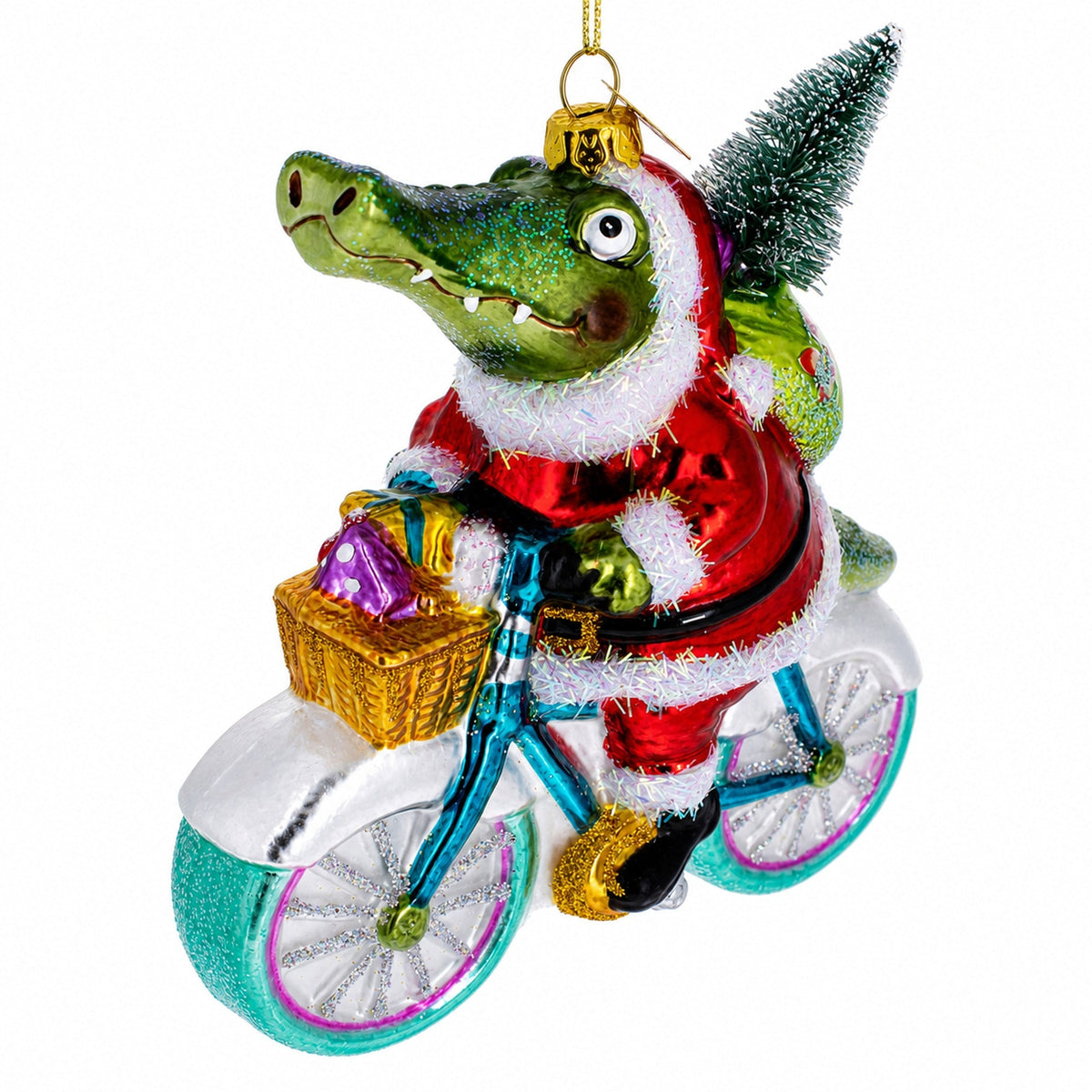 Alligator Riding Bicycle with Gifts Glass Christmas Ornament