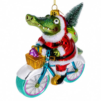 Alligator Riding Bicycle with Gifts Glass Christmas Ornament