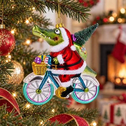 Alligator Riding Bicycle with Gifts Glass Christmas Ornament