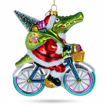 Alligator Riding Bicycle with Gifts Glass Christmas Ornament