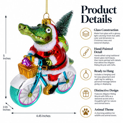Alligator Riding Bicycle with Gifts Glass Christmas Ornament