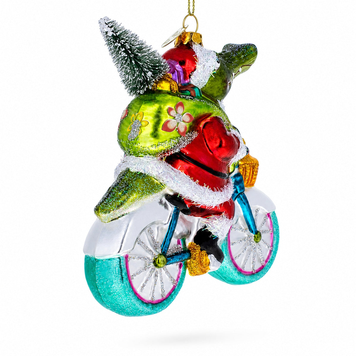 Alligator Riding Bicycle with Gifts Glass Christmas Ornament