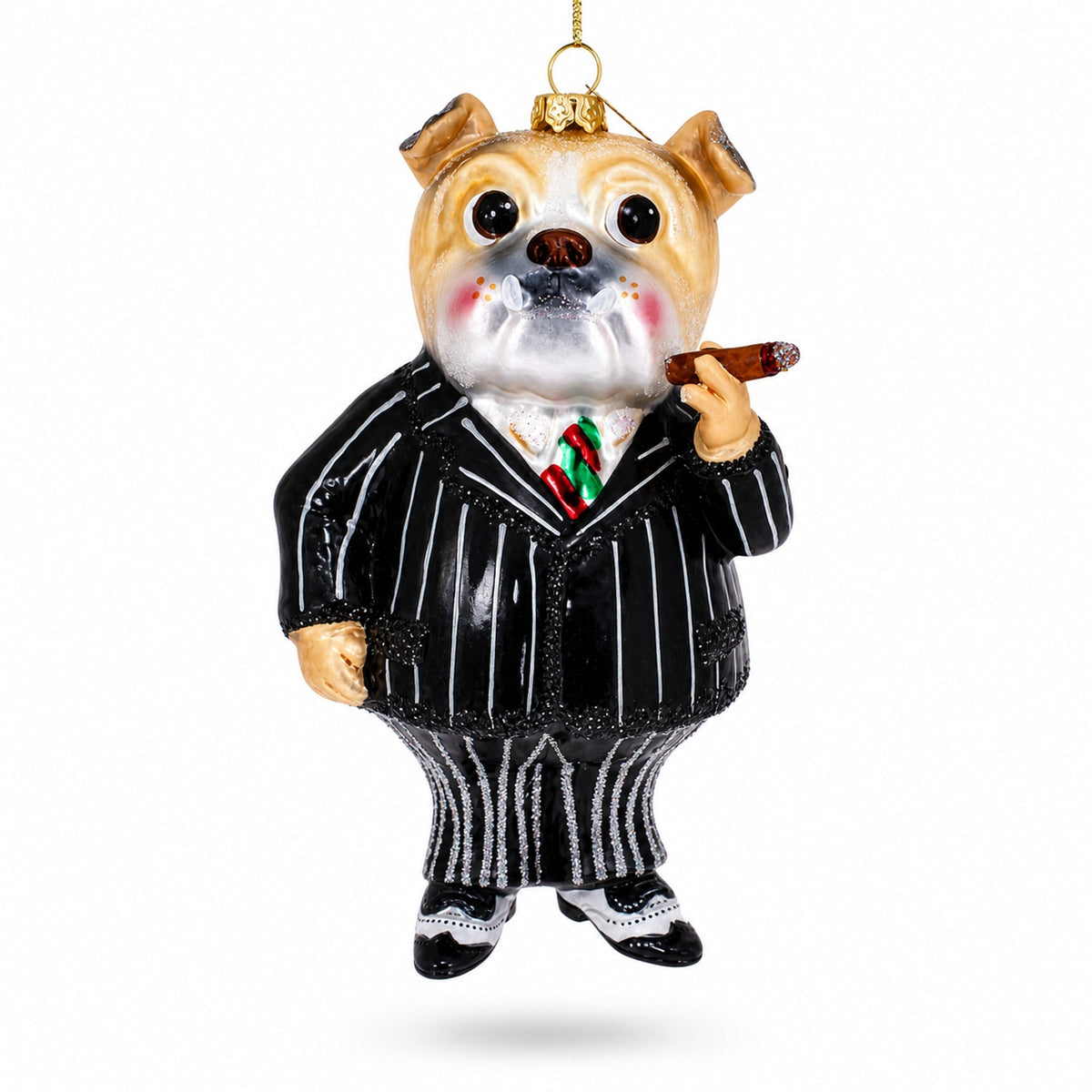 Dapper Bulldog in Suit with Cigar Glass Christmas Ornament