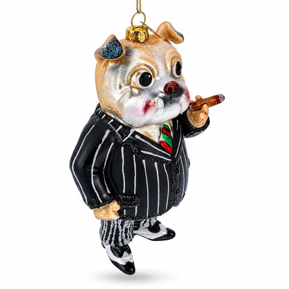 Dapper Bulldog in Suit with Cigar Glass Christmas Ornament