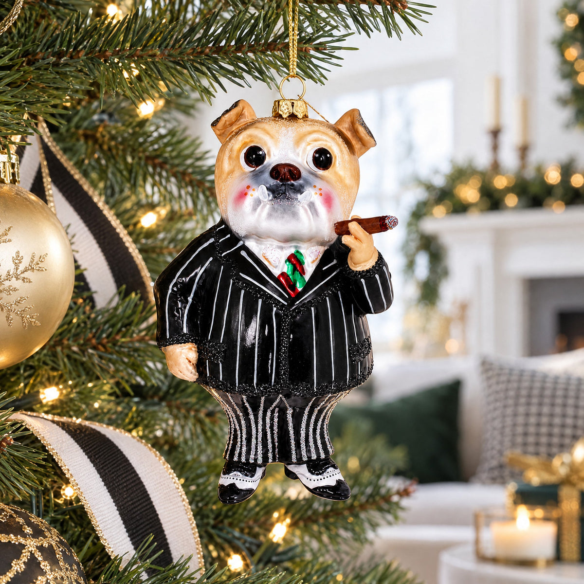 Dapper Bulldog in Suit with Cigar Glass Christmas Ornament
