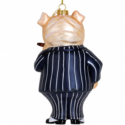 Dapper Bulldog in Suit with Cigar Glass Christmas Ornament