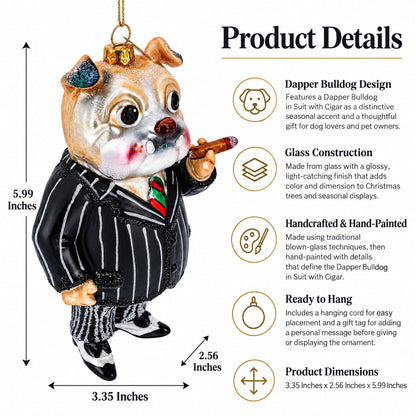 Dapper Bulldog in Suit with Cigar Glass Christmas Ornament