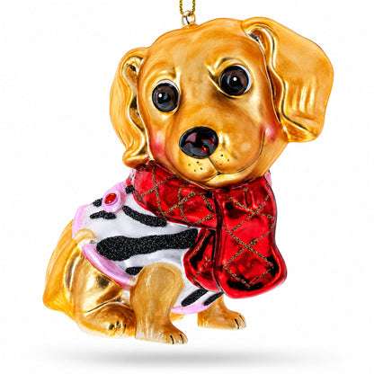 Golden Retriever Puppy in Red Scarf Glass Christmas Ornament