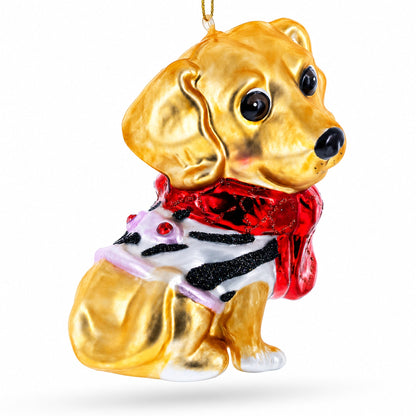 Golden Retriever Puppy in Red Scarf Glass Christmas Ornament