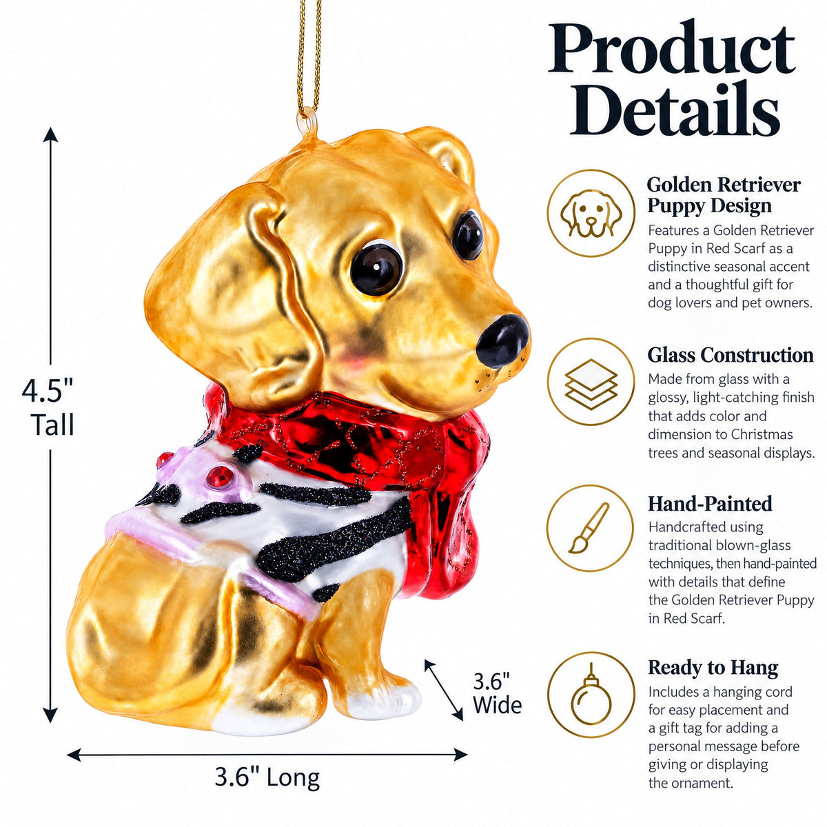 Golden Retriever Puppy in Red Scarf Glass Christmas Ornament