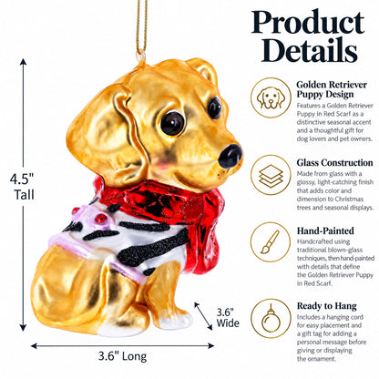 Golden Retriever Puppy in Red Scarf Glass Christmas Ornament
