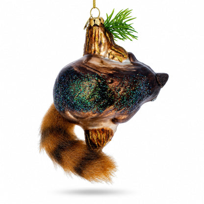 Curious Raccoon Climbing the Tree Glass Christmas Ornament