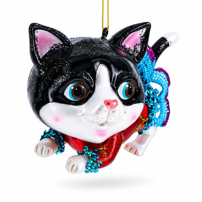Black Cat Wearing a Dress Glass Christmas Ornament