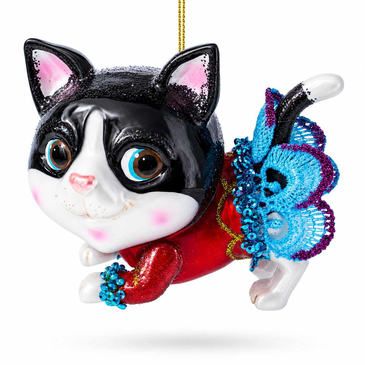 Black Cat Wearing a Dress Glass Christmas Ornament
