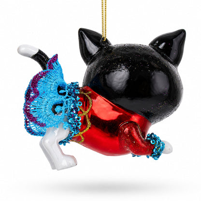 Black Cat Wearing a Dress Glass Christmas Ornament