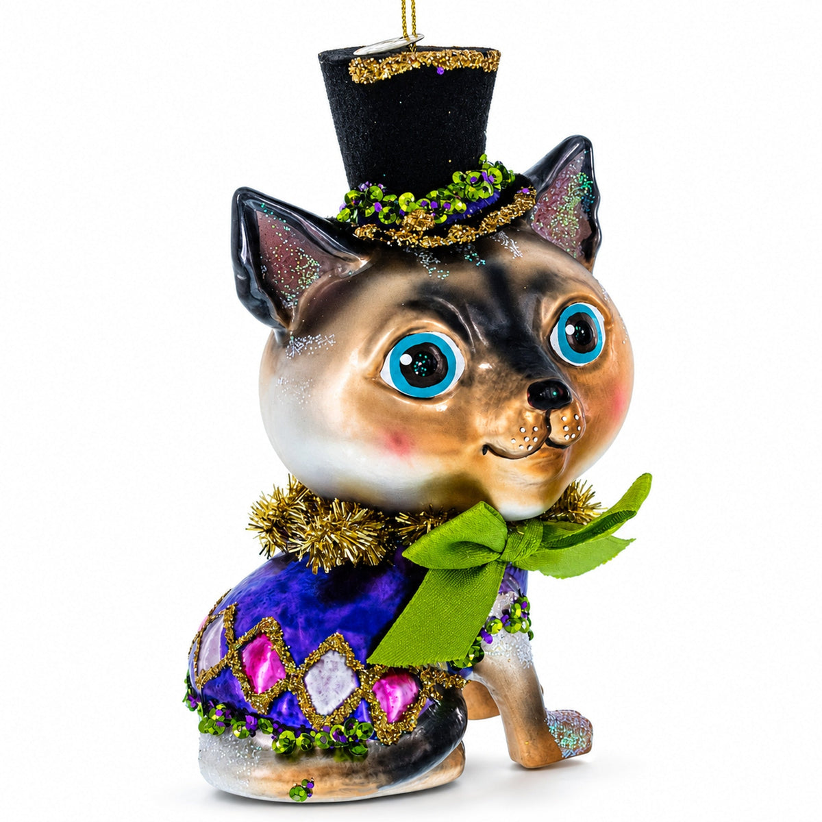 Cat in Top Hat with Bow Tie Glass Christmas Ornament