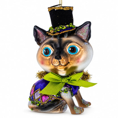 Cat in Top Hat with Bow Tie Glass Christmas Ornament