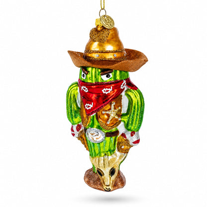 Western Cowboy Cactus Glass Christmas Ornament