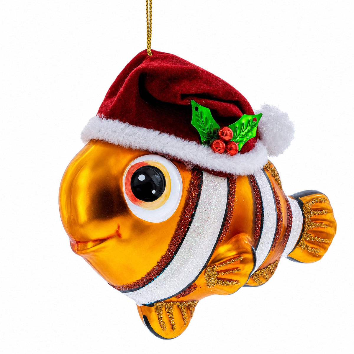 Clownfish in Santa Hat Glass Christmas Ornament