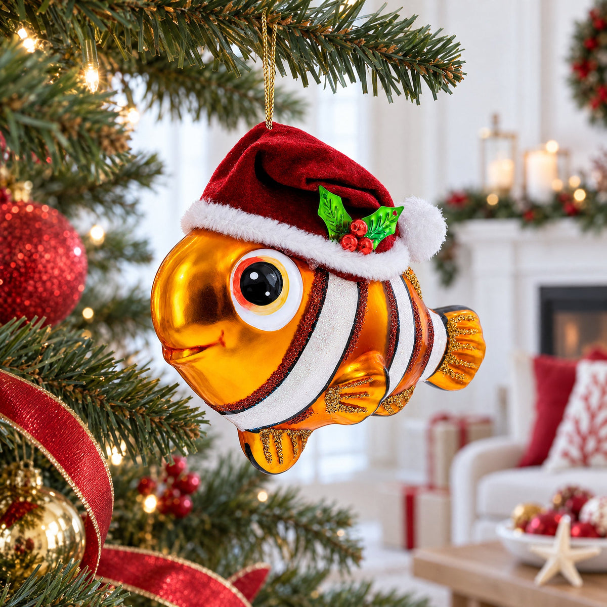 Clownfish in Santa Hat Glass Christmas Ornament