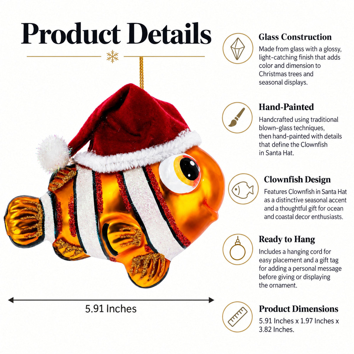 Clownfish in Santa Hat Glass Christmas Ornament
