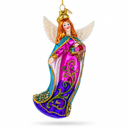 Serene Angel with Basket of Flowers Glass Christmas Ornament