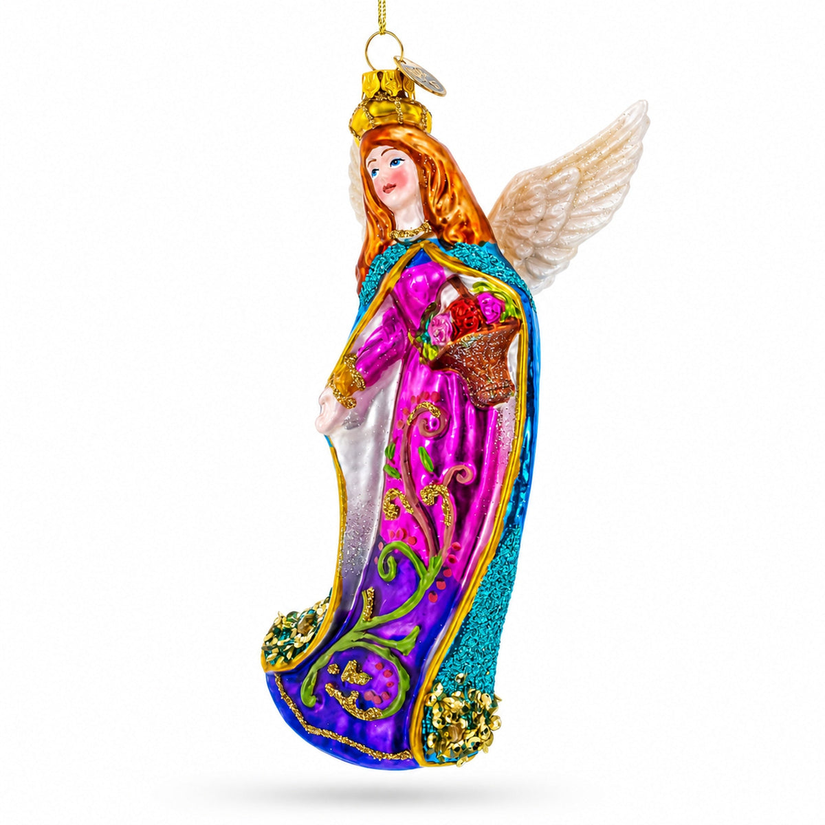 Serene Angel with Basket of Flowers Glass Christmas Ornament