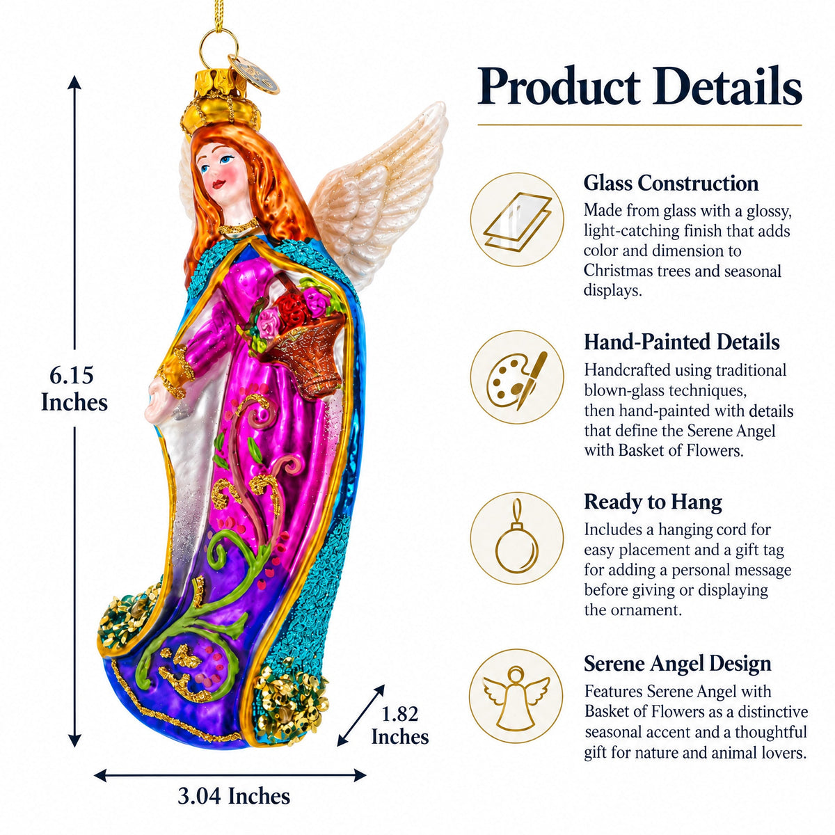 Serene Angel with Basket of Flowers Glass Christmas Ornament