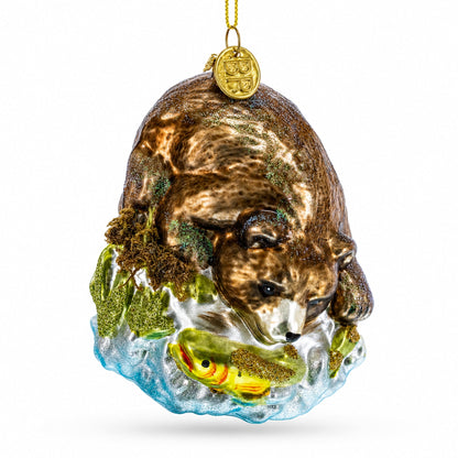 Wild Bear Watching Fish Glass Christmas Ornament