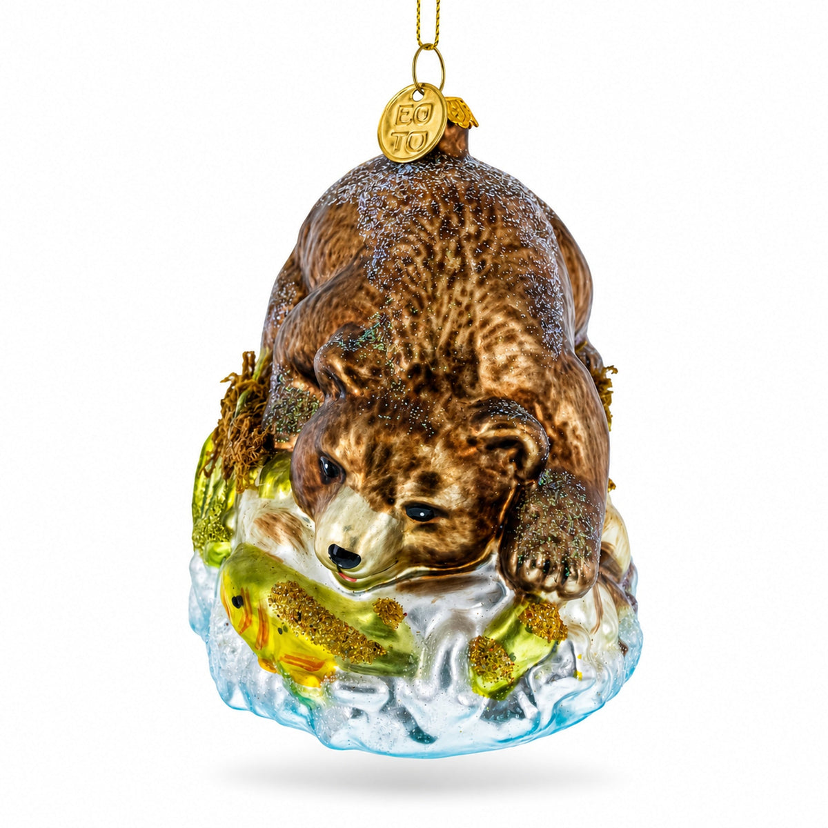 Wild Bear Watching Fish Glass Christmas Ornament