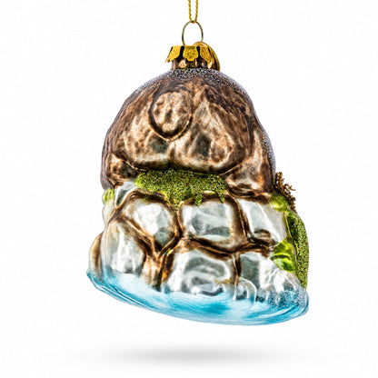 Wild Bear Watching Fish Glass Christmas Ornament