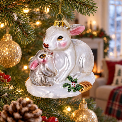Mother and Baby Bunnies Glass Christmas Ornament