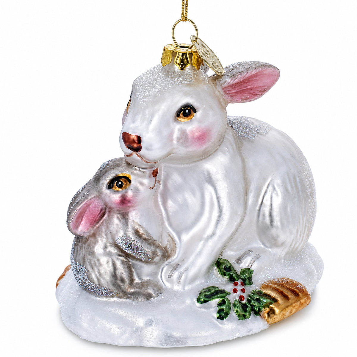Mother and Baby Bunnies Glass Christmas Ornament