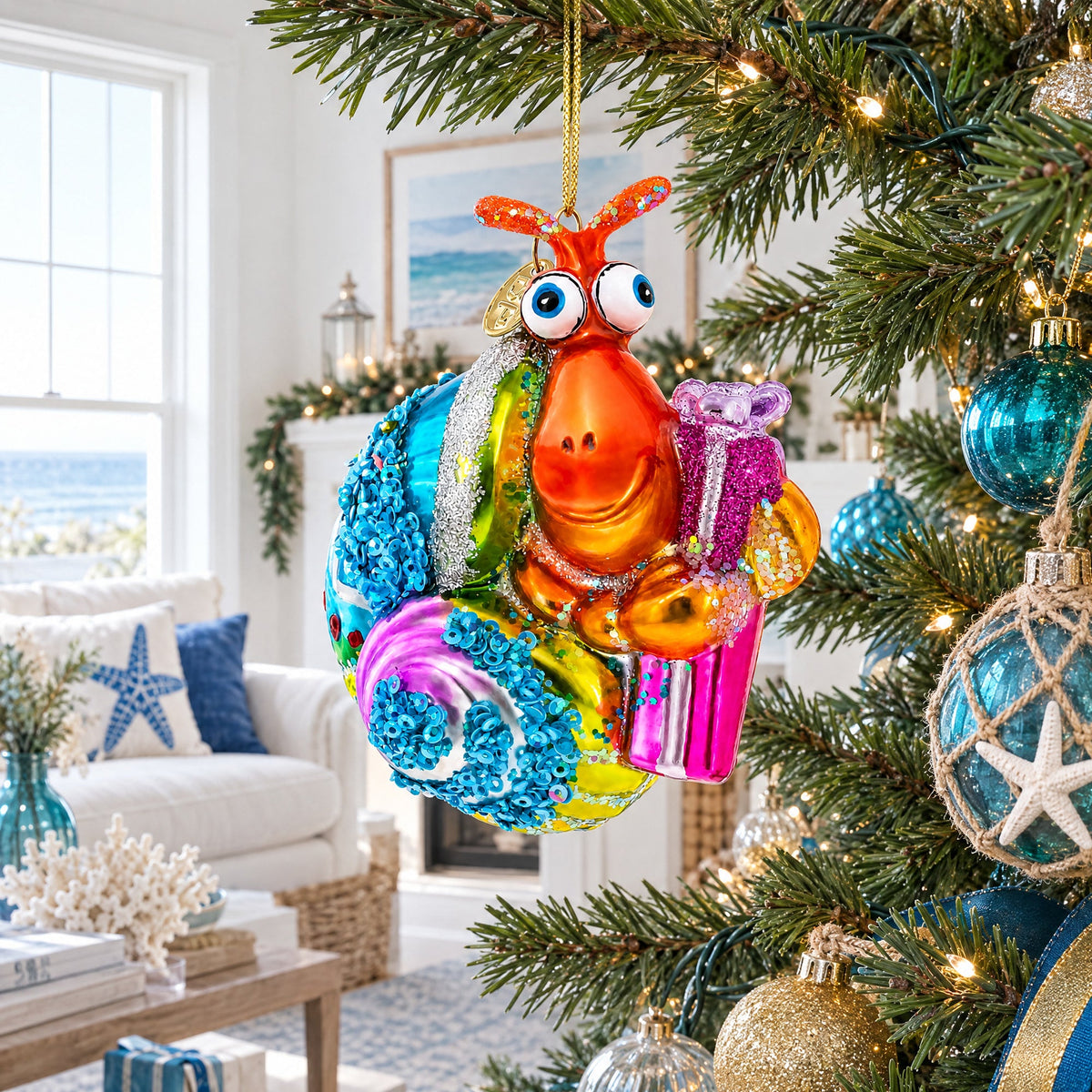 Shrimp with Gifts Glass Christmas Ornament