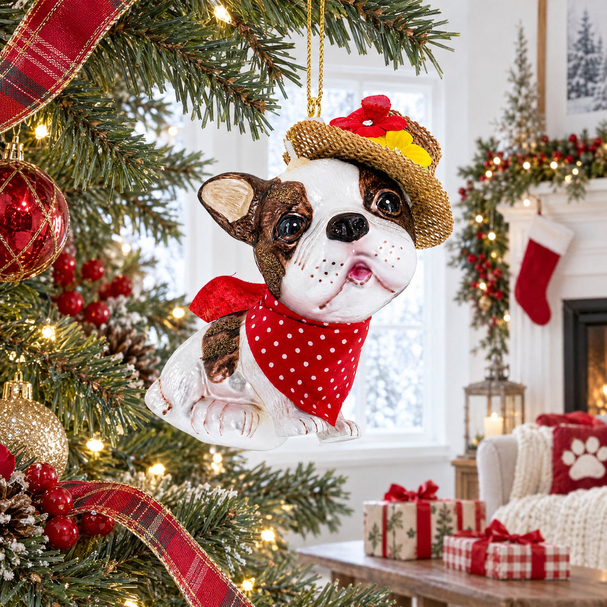 Dapper Boston Terrier in Hat Glass Christmas Ornament