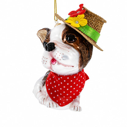Dapper Boston Terrier in Hat Glass Christmas Ornament