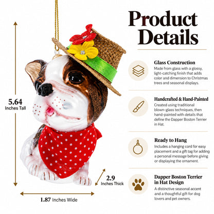 Dapper Boston Terrier in Hat Glass Christmas Ornament