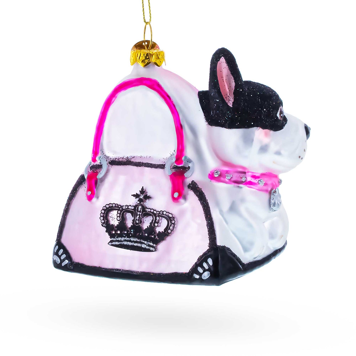 Boston Terrier in Pink Handbag Glass Christmas Ornament