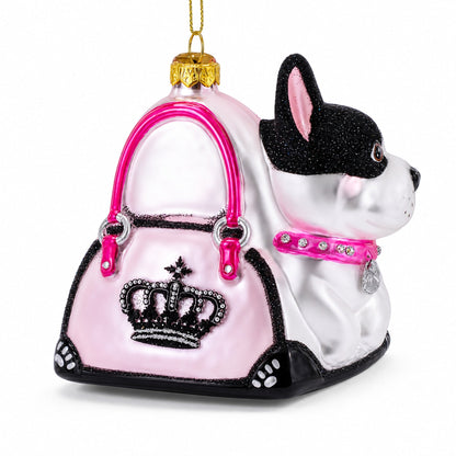 Boston Terrier in Pink Handbag Glass Christmas Ornament