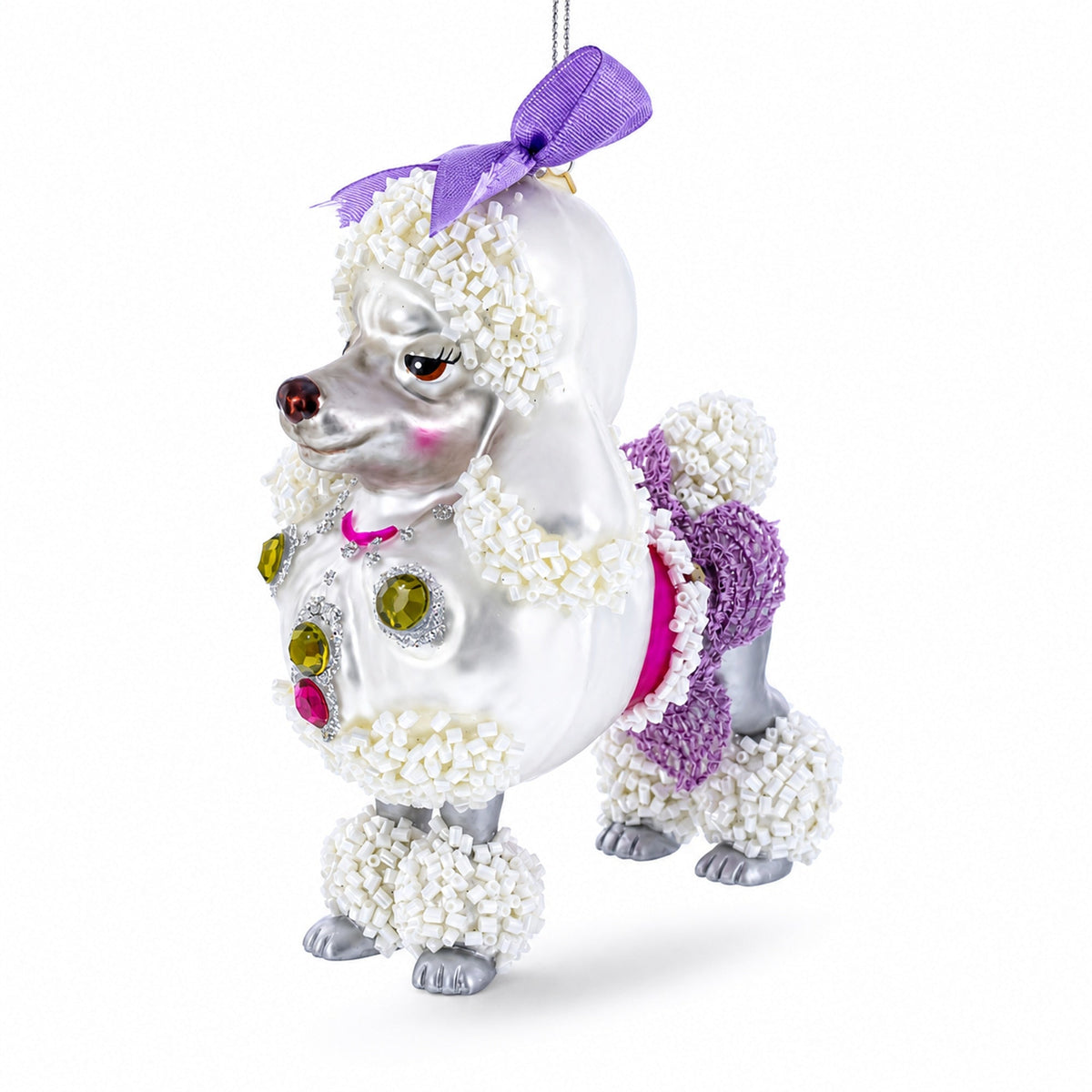 Bejeweled Poodle Glass Christmas Ornament
