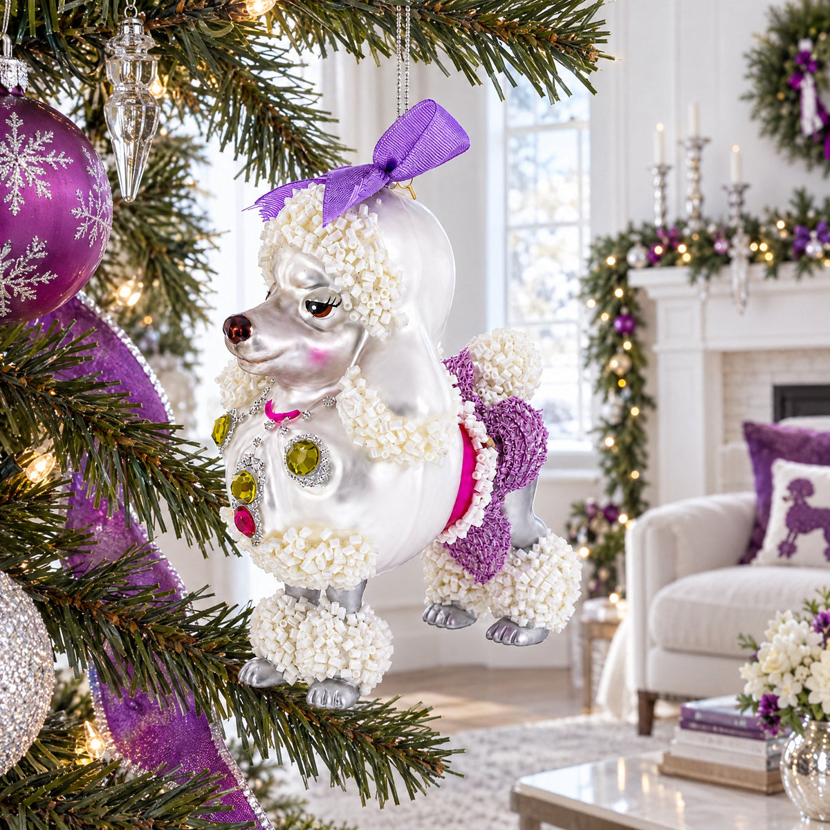 Bejeweled Poodle Glass Christmas Ornament