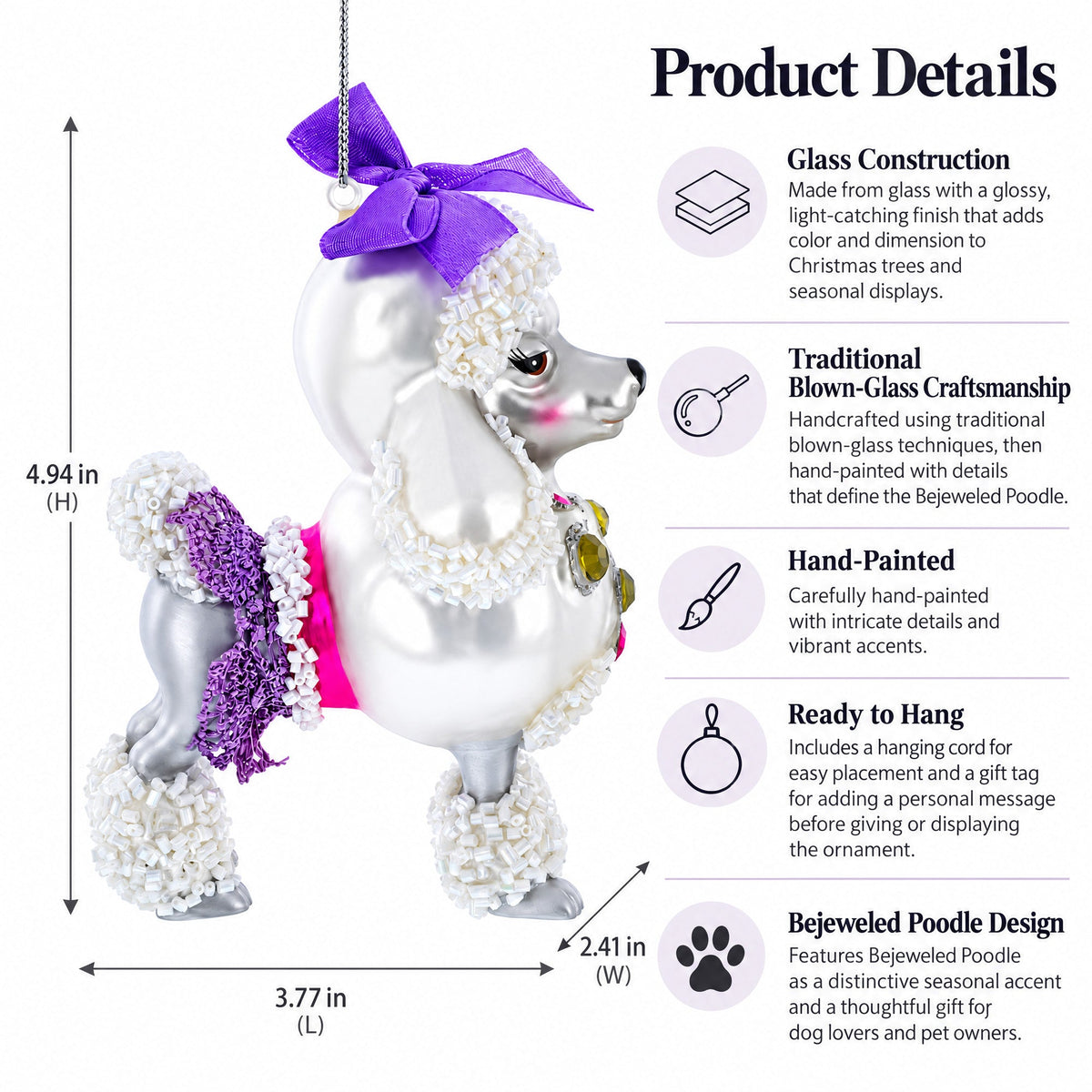 Bejeweled Poodle Glass Christmas Ornament