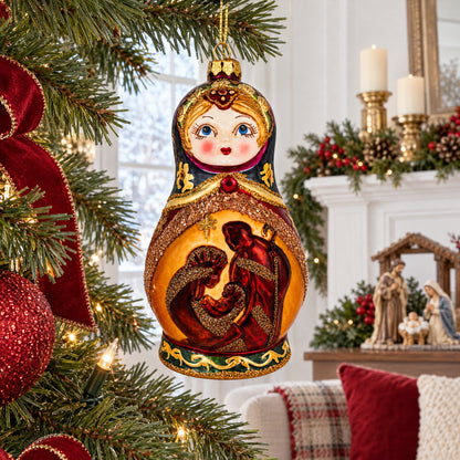 Matryoshka Doll with Nativity Scene Glass Christmas Ornament