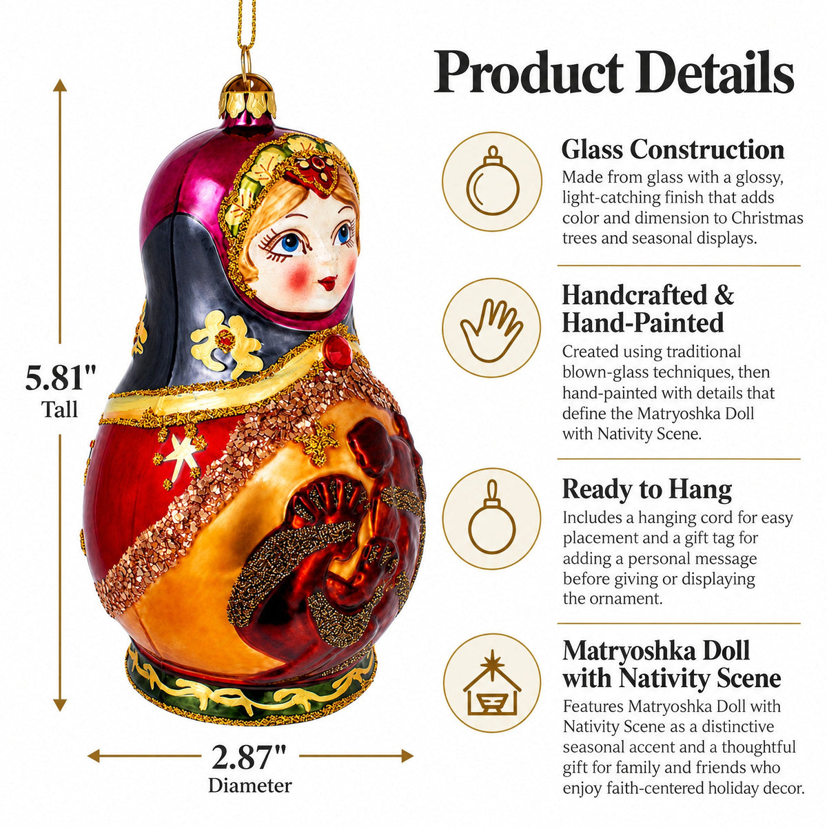 Matryoshka Doll with Nativity Scene Glass Christmas Ornament