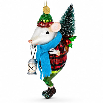 Mouse Carrying Lantern Glass Christmas Ornament