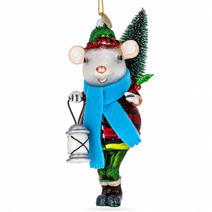 Mouse Carrying Lantern Glass Christmas Ornament