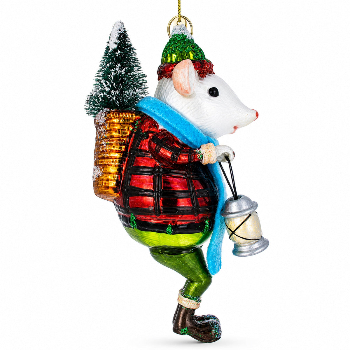 Mouse Carrying Lantern Glass Christmas Ornament