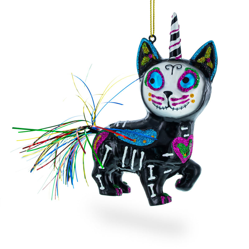 Black Cat on Halloween Glass Christmas Ornament